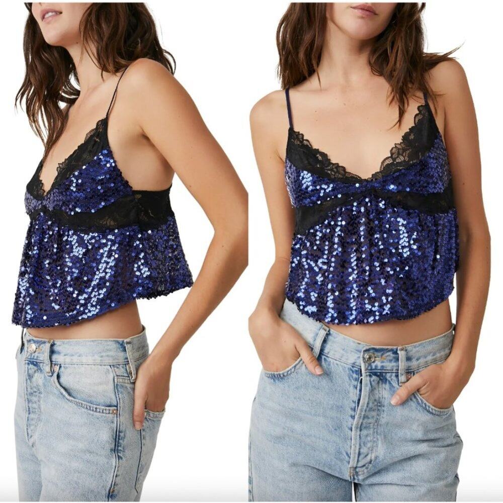Free People Right Rhythm Sequin Cropped Tank Top in Midnight Blue